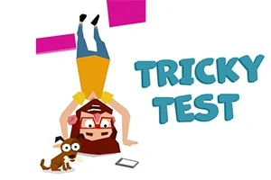 Ilustrácia osoby visiacej dole hlavou vedľa psa, s tabletom na zemi a nápisom TRICKY TEST