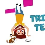 Ilustrácia osoby visiacej dole hlavou vedľa psa, s tabletom na zemi a nápisom TRICKY TEST