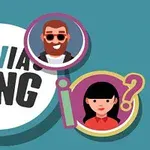 Logo s textom Trivia King a ilustráciami troch animovaných postavičiek na modrom pozadí
