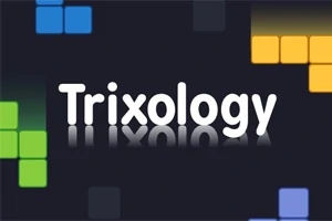 Nápis Trixology s farebnými štvorcami v štýle pixelov na tmavom pozadí