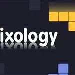 Nápis Trixology s farebnými štvorcami v štýle pixelov na tmavom pozadí