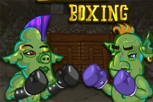Dvaja kreslení zelení trollovia s farebnými účesmi a boxerskými rukavicami stoja oproti sebe na bojisku s nápisom BOXING nad nimi