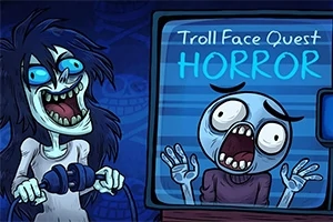 Postava s vystrašeným výrazom drží joystick, zatiaľ čo na obrazovke je nápis Troll Face Quest Horror