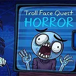 Postava s vystrašeným výrazom drží joystick, zatiaľ čo na obrazovke je nápis Troll Face Quest Horror