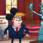 Karikatúra sochy Slobody s úsmevom a človeka v policajnej uniforme držiaceho americkú vlajku, s dvoma ďalšími postavami so zvedavými výrazmi