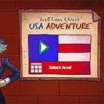 Muž s cylindrom a motýlikom sa škľabí vedľa tabule s nápisom USA Adventure a tlačidlom na spustenie