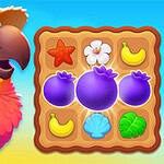 Tropical Match 2 Pestrofarebný papagáj s klobúkom a kvetmi stojaci vedľa herného poľa so symbolmi hviezdice, kvetu, banánu a mušle