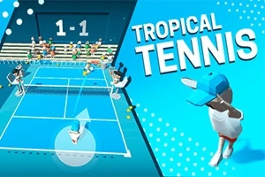 Farebná ilustrácia tenisového kurtu s postavami hráčov a nápisom Tropical Tennis na modrom pozadí