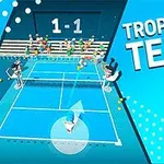 Farebná ilustrácia tenisového kurtu s postavami hráčov a nápisom Tropical Tennis na modrom pozadí