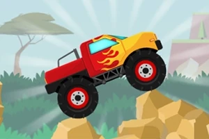 Červené a žlté monster auto s plameňovým vzorom prechádza po skalnatom teréne v kreslenom prostredí