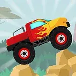 Červené a žlté monster auto s plameňovým vzorom prechádza po skalnatom teréne v kreslenom prostredí