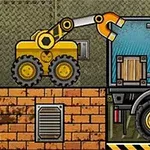 Žltý nakladač s ramenom umiestňuje drevenú debnu na nákladné auto s modrou kabínou