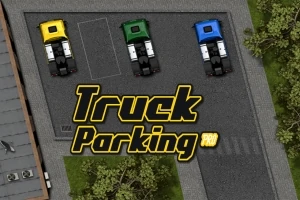 Nad parkoviskom s tromi farebnými nákladnými autami je zobrazený text Truck Parking Pro