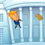 Karikatúra muža v obleku s oranžovými vlasmi, letiaceho s tanierikom chipov pred bielou budovou s viacerými stĺpmi
