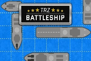 Šedé vojenské lode na modrej štvorcovej mriežke s čiernym nápisom TRZ Battleship so žltými hviezdičkami