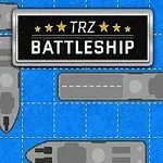 Šedé vojenské lode na modrej štvorcovej mriežke s čiernym nápisom TRZ Battleship so žltými hviezdičkami