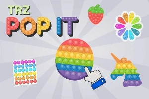 Farebný okrúhly pop-it s dúhovými bublinami a ukazovateľom rúk, obklopený ďalšími pop-it tvarmi a pestrými symbolmi