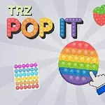 Farebný okrúhly pop-it s dúhovými bublinami a ukazovateľom rúk, obklopený ďalšími pop-it tvarmi a pestrými symbolmi