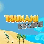 Názov TSUNAMI ESCAPE v žltej a sivej farbe nad plážou s palmami, slnečníkom, loptou a modrou vlnou na pozadí