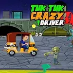 Žltý tuk-tuk na nočnej ulici s dvoma zombie a kresleným psom v pozadí