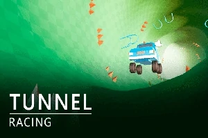 Modré auto jazdí v zelenom tuneli so žltými a oranžovými šípkami