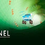 Modré auto jazdí v zelenom tuneli so žltými a oranžovými šípkami