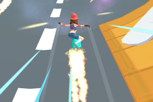 Postava jazdiaca na hoverboarde so stopou ohňa na ceste