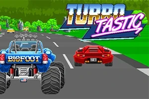 Modrá monster truck s nápisom BIGFOOT a červené športové auto na pretekárskej dráhe s logom TURBO TASTIC na pozadí
