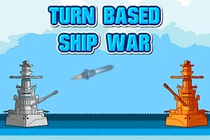 Dve vojnové lode sa navzájom ostreľujú na modrom mori s nápisom Turn Based Ship War nad nimi