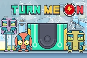 Veselá ilustrácia s tromi farebnými komickými postavičkami v laboratóriu a nápisom TURN ME ON