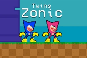 Dvaja kreslení postavičky v modrom a ružovom oblečení s nápisom Twins Zonic na pozadí