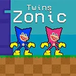 Dvaja kreslení postavičky v modrom a ružovom oblečení s nápisom Twins Zonic na pozadí
