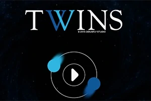 Nápis TWINS s modrým písmenom W nad symbolom prehrávania a dvoma modrými bodmi na tmavom pozadí