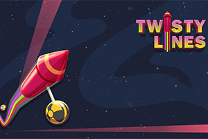 Na tmavomodrom pozadí s hviezdami sa nachádza farebná raketa s pripojenou guľou a text TWISTY LINES