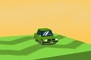 Zelené auto na jednoduchej farebnej 3D krajine s oranžovou oblohou