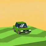 Zelené auto na jednoduchej farebnej 3D krajine s oranžovou oblohou