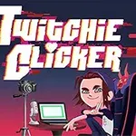 Postava v kresle so slúchadlami pri počítači, vedľa mikrofón a kamera, s nápisom Twitchie Clicker