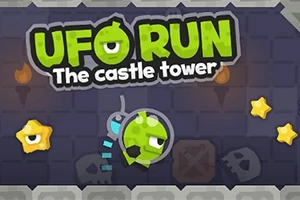 Nápis „UFO RUN The castle tower“ na tmavom pozadí s mimozemšťanom v modrom prístroji a žltými hviezdami