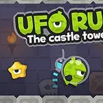 Nápis „UFO RUN The castle tower“ na tmavom pozadí s mimozemšťanom v modrom prístroji a žltými hviezdami