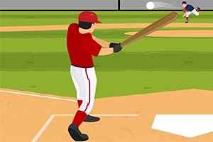 Muž v červenej uniforme s pálkou na baseballovom ihrisku pripravený odpáliť loptu