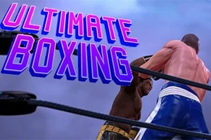 Dvaja boxeri zápasia v ringu s nápisom Ultimate Boxing v popredí