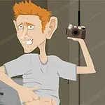 Karikatúra postavy s oranžovými vlasmi fotografujúcej sa v kúpeľni so zdvihnutým tričkom