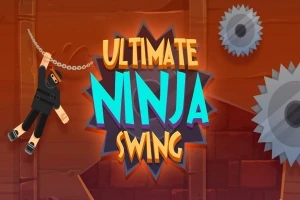 Ninja postava hojdajúca sa na reťazi s nápisom Ultimate Ninja Swing na oranžovom pozadí s ozubenými kolieskami