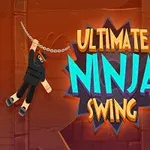 Ninja postava hojdajúca sa na reťazi s nápisom Ultimate Ninja Swing na oranžovom pozadí s ozubenými kolieskami