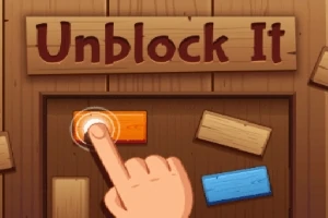 Drevené pozadie s nápisom Unblock It a ruka ukazujúca na oranžový blok