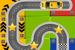 Žlté taxi auto na zakrivenej ceste s tromi zlatými hviezdami na šachovnicovom pozadí s farebnými štvorcami