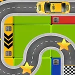 Žlté taxi auto na zakrivenej ceste s tromi zlatými hviezdami na šachovnicovom pozadí s farebnými štvorcami