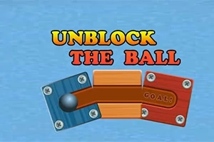 Nápis UNBLOCK THE BALL nad ilustráciou skladačky s farebnými štvorcami a kovovou guľôčkou