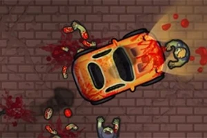 Auto obklopené krvavými zombie na dláždenej ceste