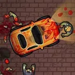 Auto obklopené krvavými zombie na dláždenej ceste